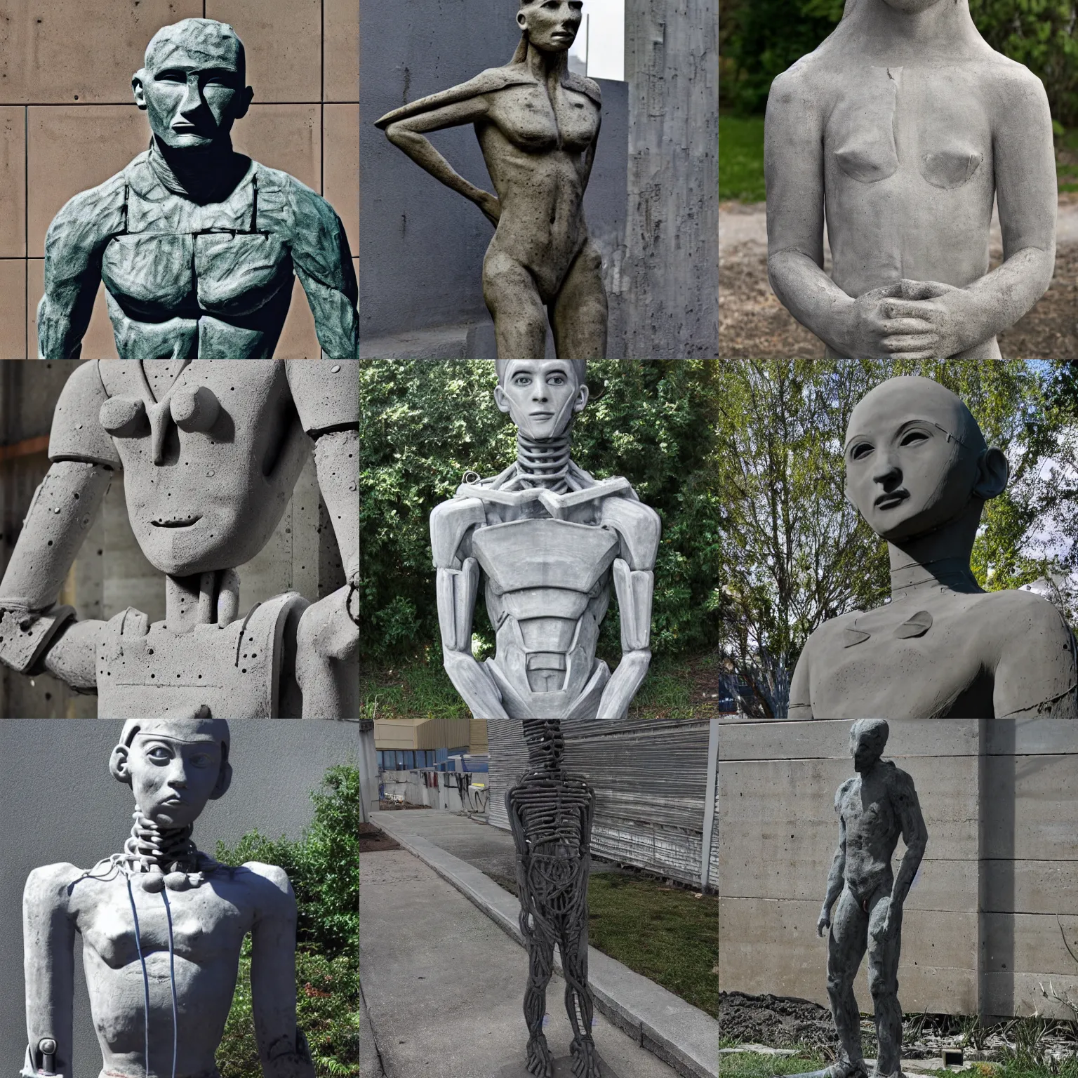 Prompt: a photograph of a humanoid statue constructed from concrete and rebar with traces of Krylon brand spray paint