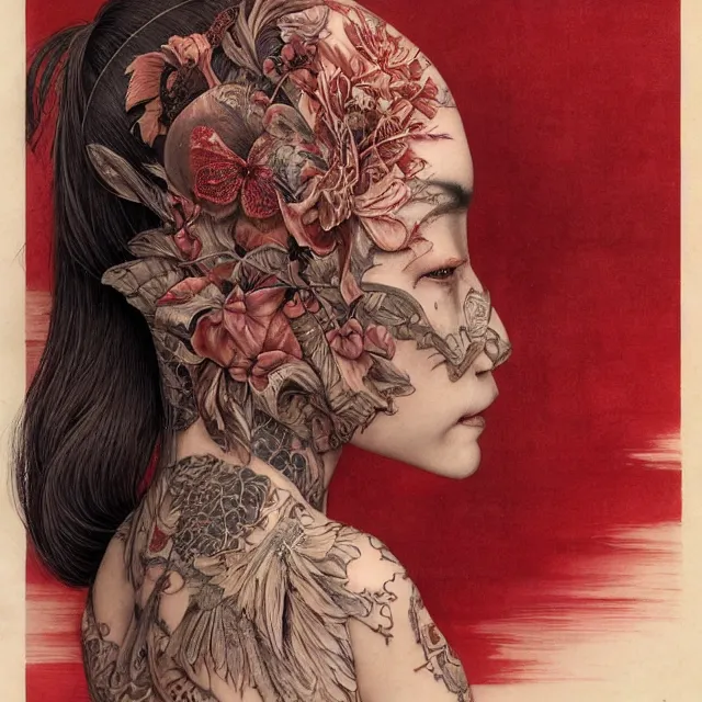 Image similar to ultra realistic illustration, beautiful woman dressed in red kimono, backview, tattoos, in the style of gerald brom by weta digital and beth cavener, high face symmetry, intricate, masterpiece, award winning, high face symmetry, intricate