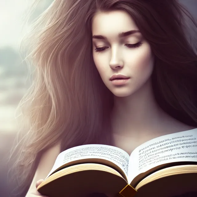 Image similar to beautiful girl reading a book, her hair flowing down, highly detailed, 4 k, hdr, smooth, sharp focus, high resolution, award - winning photo, artgerm, photorealistic