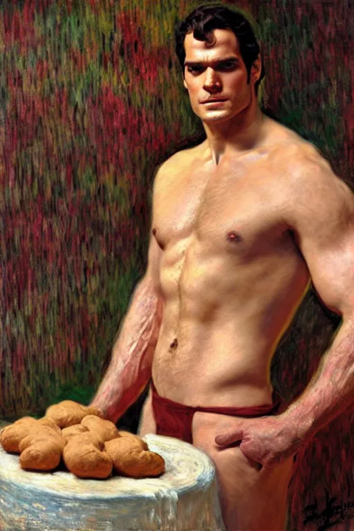 Image similar to henry cavill as a baker, kneading dough, painting by tom of finland, gaston bussiere, craig mullins, j. c. leyendecker, claude monet