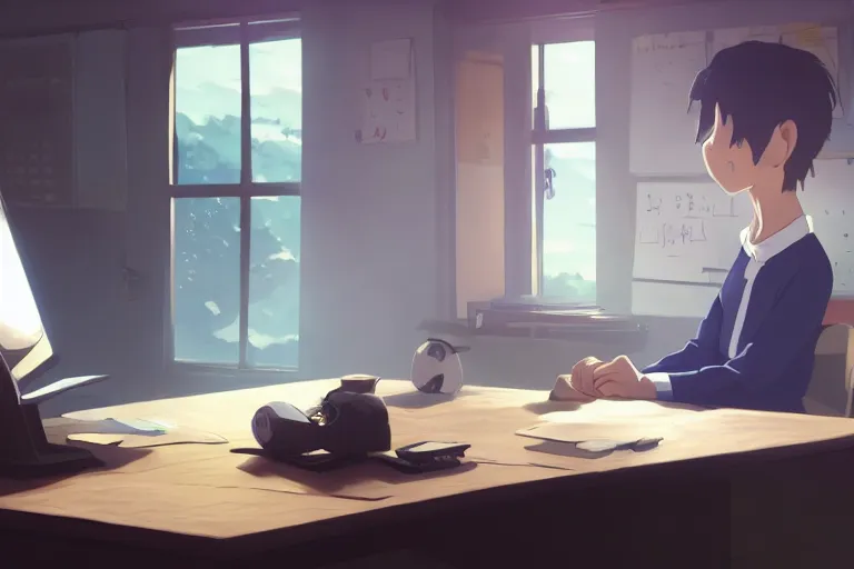 Prompt: a sleepy boy sit in desk with a computer, medium shot, waist up, studio ghibli, pixar and disney animation, sharp, rendered in unreal engine 5, anime key art by greg rutkowski, bloom, dramatic lighting