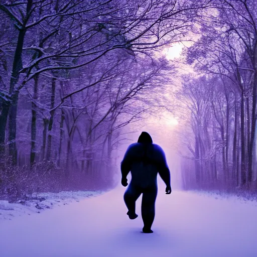 Image similar to a purple gorila, walking in snow, sunrise, wide photo, 4 k