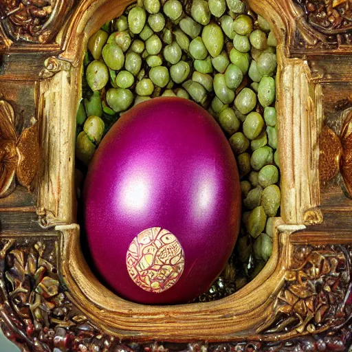 Image similar to a ornate detailed red and purple glowing egg, an eggplant fruit still on the vine