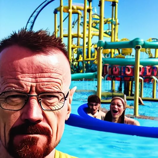 Prompt: Walter White selfie on water Park ride amusement Park