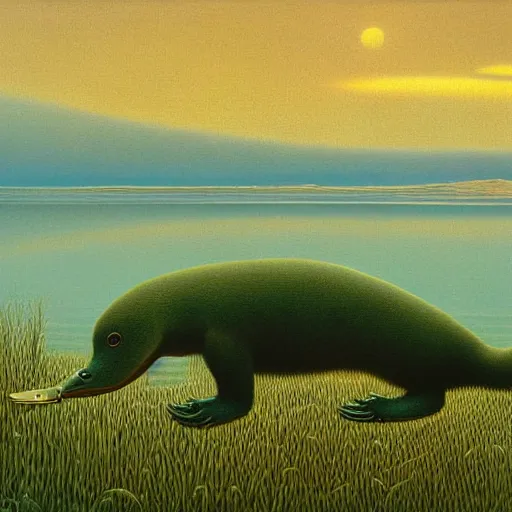 Image similar to platypus on vacation landscape painting by Zdzisław Beksiński