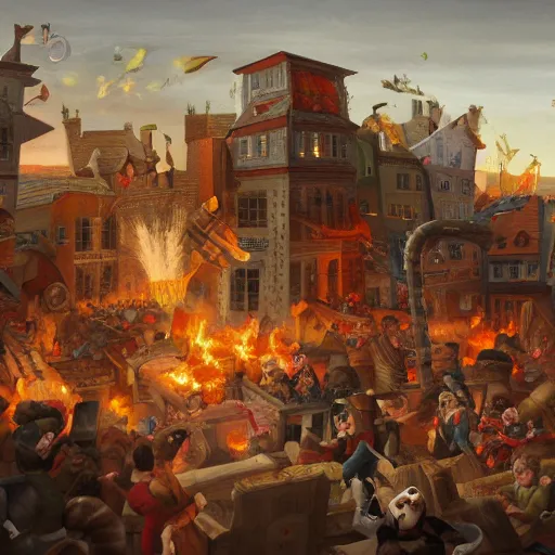 Image similar to a highly detailed oil painting of a giant dachshund smashing houses, renaissance, bystanders watching from the sides, 4 k, by ariduka 5 5, monokubo, artstation,