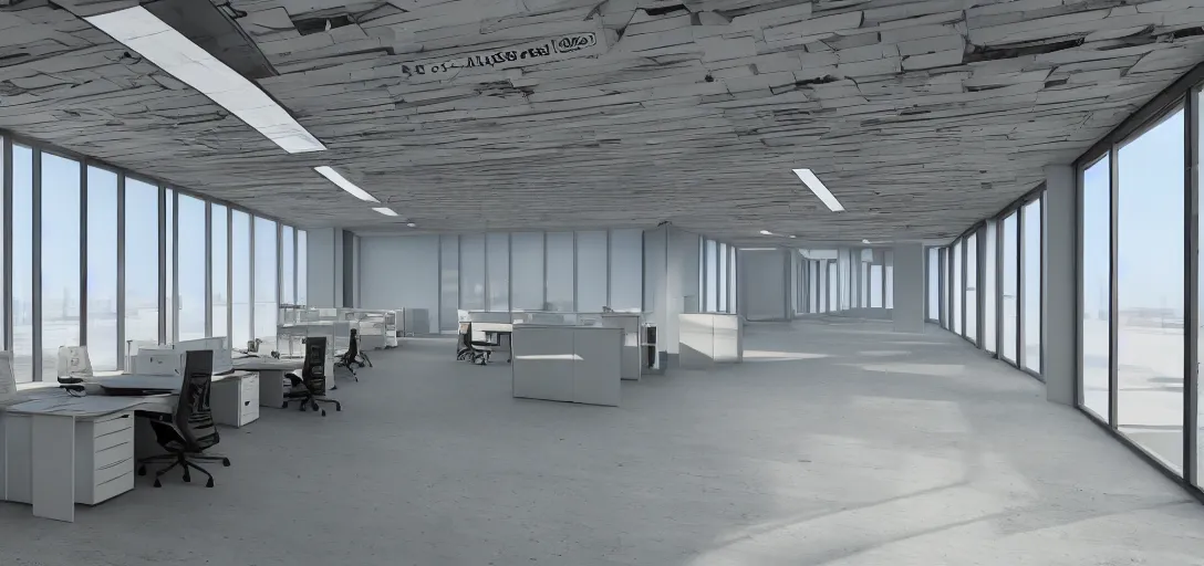 Image similar to empty office in the middle of nowhere, bright, 8 k photorealistic, hd, high details, trending on artstation