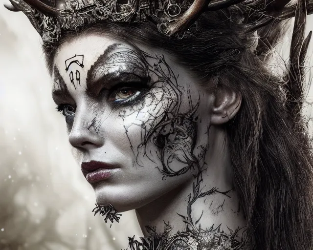 Image similar to 5 5 mm portrait photo of an armored gorgeous anesthetic redhead woman warrior with a face tattoo and antlers growing from her head, in a magical forest in the style of stefan kostic, art by luis royo. highly detailed 8 k. intricate. lifelike. soft light. nikon d 8 5 0. cinematic post - processing