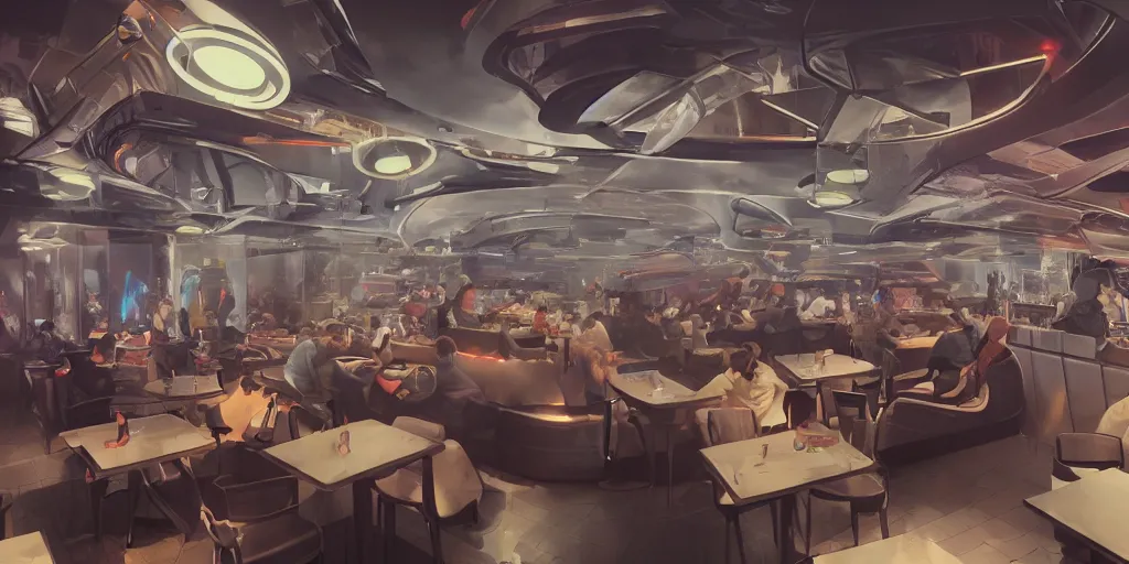 Image similar to Interior of a futuristic crowded restaurant with smoking machines, hyperdetailed, artstation, cgsociety, 8k