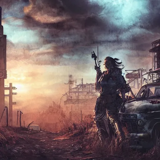 Prompt: post apocalyptic world, comic style, fallout 5 official art, 8 k, female protagonist, atmospheric lighting, gritty, sharp focus, armored feline companion, volumetric lighting, rich deep colors, painted, illustrated