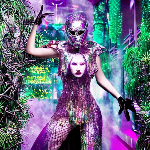 Image similar to hi - fructose mag photo, inside a futuristic detailed alien jungle made out of shiny reflective chrome, futuristic android with limbs made out of stretchy rubber tubing mixed with shiny colorful giant intricate detailed chrome gauntlets and chest piece and discoball mask, wearing a long purple velvet cape, fog and mist