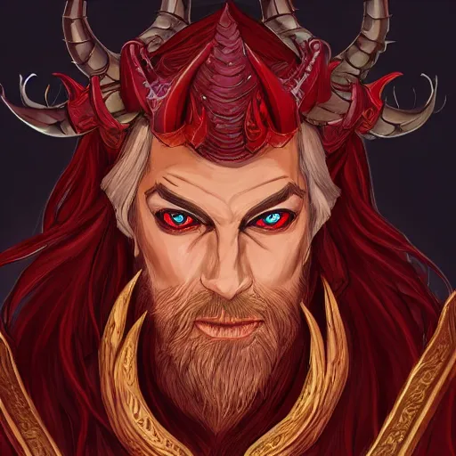 Image similar to dnd portrait of a tiefling, male, red scales, a big black beard, completely golden eyes, 2 curved horns growing out of his forehead,