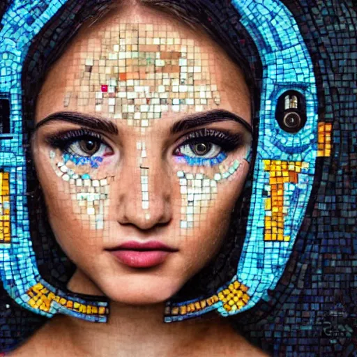 Image similar to portrait mosaic of a beautiful cute girl with robot ears and eyes, 4k, intricate details