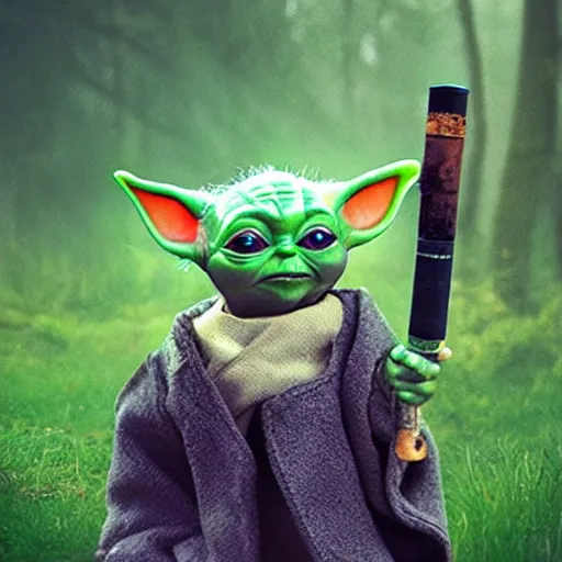 Prompt: baby Yoda photo realistic smoking a bong in a forest
