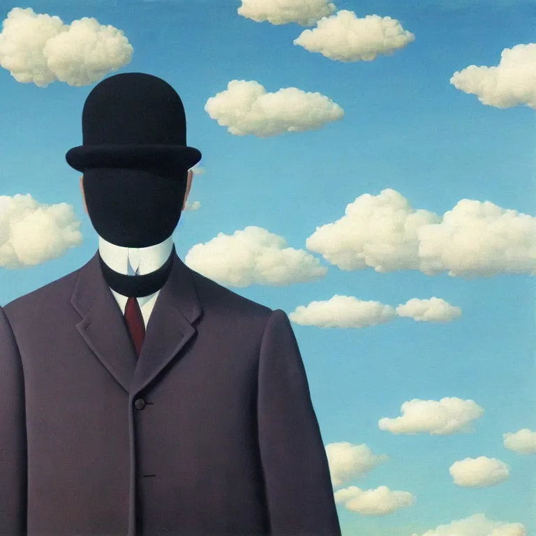 Image similar to cloud - man, by rene magritte, centered, detailed painting, hd, hq, high resolution, high detail, 4 k, 8 k