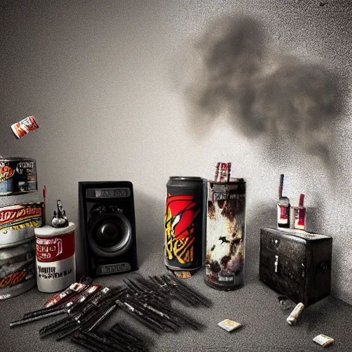 Prompt: photo realistic, cinematic, detailed, room full of smoke, three dark figures, energy drink, ashes, ash trays, cigarettes, smoke, speakerboxes