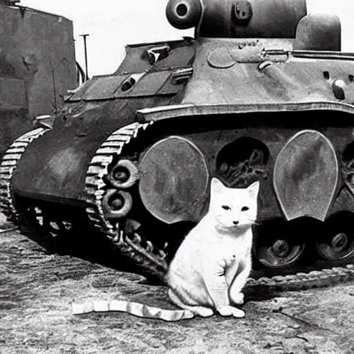 Image similar to old photograph of fat cat inside a world war 2 tank