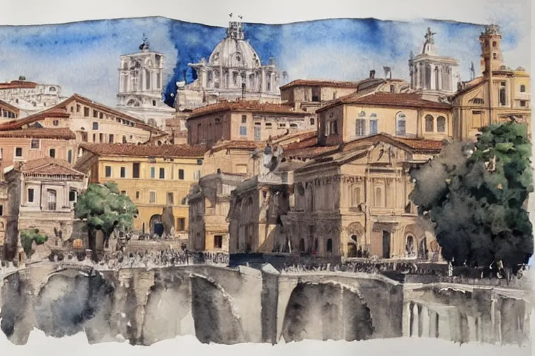 Image similar to !! watercolor!! rome in a sunny day, artwork by tooth wu, colorful contrast,!! very coherent!!, dark shadow, thick lineart