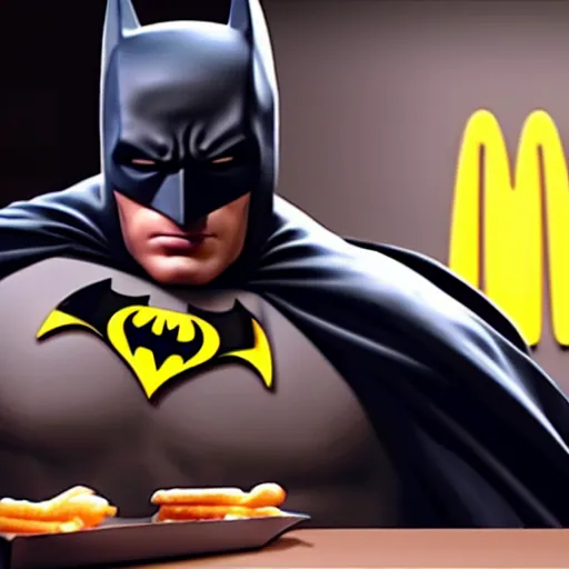 Image similar to A still of Batman eating at McDonalds, 4k, photograph, ultra realistic, highly detailed, studio lighting