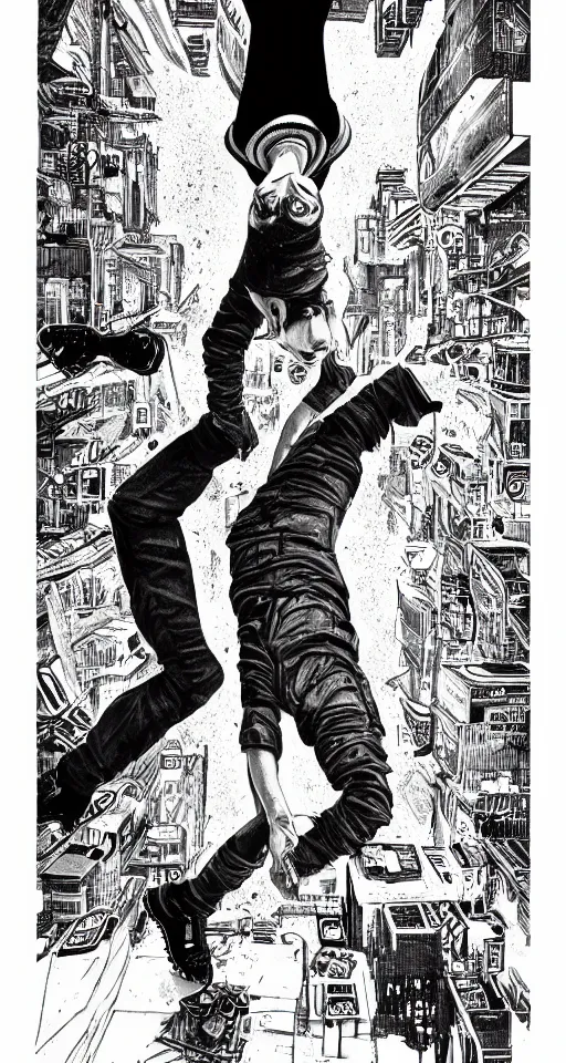 Prompt: full body upside down cypherpunk fashion illustration, eddie munson portrait, blade runner 2 0 4 9 manual, by steampoweredmikej, by tim bradstreet, inktober, ink drawing, black and white, coloring pages, manga, highly detailed