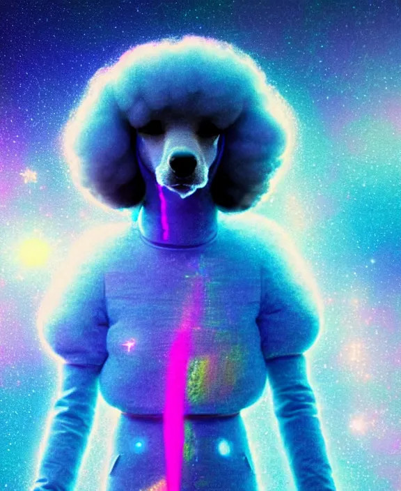 Prompt: a beautiful portrait of a poodle inside an holographic spacesuit, galactic landscape, cinematic, volumetric fog, risographic, digital art, 4 k, vintage sci - fi, inspired by moebius, inspired by thim white, inspired by h. r. giger