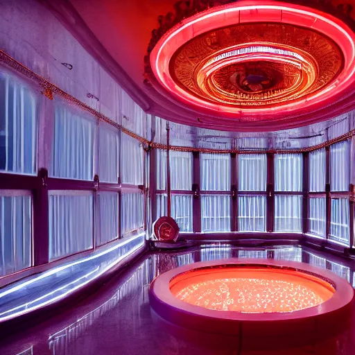 Prompt: wide angle photo of 60‘s great lounge baths interior from eyes wide shut, with golden intricate details and subtle lights, neon-decorated urban on night in the city seen through the windows,modern interior design, architectural design, vintage, night blade runner, dark, postapocalyptic, clean lines, 4k, octane, colorful ,lunarcore city seen at distance outside, big windows,octane, wide angle