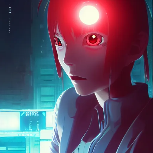 Image similar to anime cyberpunk movie still animatrix, small female android cyborg - angel, glowing red left eye and glowing blue right eye, cinematic lighting, advanced digital cyberpunk art, wlop, rossdraws sakimimichan, ilya kuvshinov, krenz cushart, greg rutkowski - c 1 5