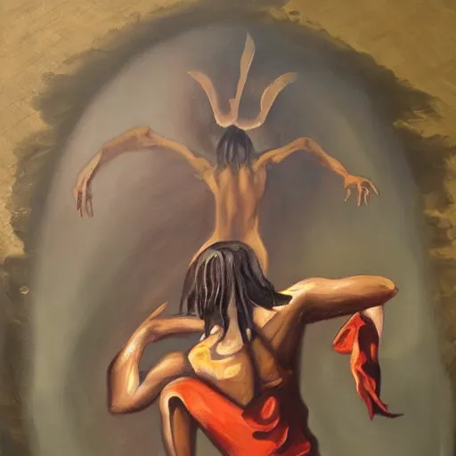 Image similar to dark magic excorcist performing an exorcism, oil painting,