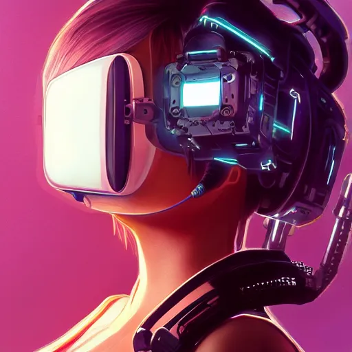 Image similar to a portrait of a beautiful cybernetic girl wearing occulus rift headset, cyberpunk concept art by nick sullo and josan gonzalez and syd mead and masamume shirow and katsuhiro otomo and , digital art, highly detailed, intricate, sci-fi, sharp focus, Trending on Artstation HQ, deviantart, unreal engine 5, 4K UHD image