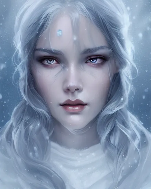 Image similar to portrait of a beautiful snow goddess, flowy white grey hair, grey eyes, winter, frozen, snow, cinematic lighting, highly detailed, digital painting, trending on artstation, pixiv, concept art, sharp focus, illustration, art by ross tran and wlop