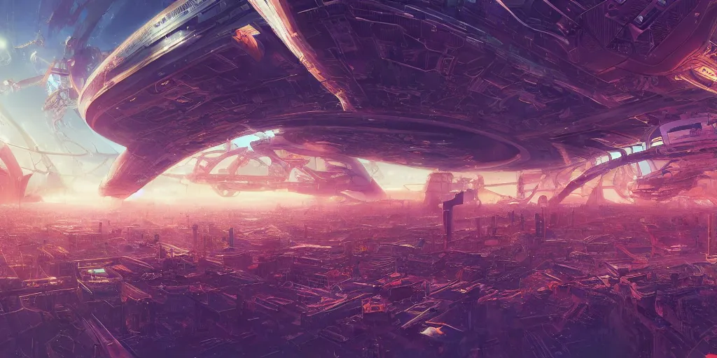 Image similar to a huge bustling futuristic space station at the edge of the universe, filled with people and shops and bars and neon signs, where the horizon of apocalypse of the gods clashes upon, megastructure, immaculate highly detailed gloss rendering, marc simonetti, shinkai makoto, federico pelat, alena aenami, donna haraway