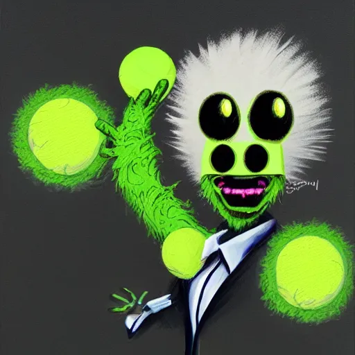 Image similar to a tennis ball monster, tennis ball, dark, chalky, wearing a suit, digital art, fantasy, magic, trending on artstation, ultra detailed, professional illustration by Basil Gogos