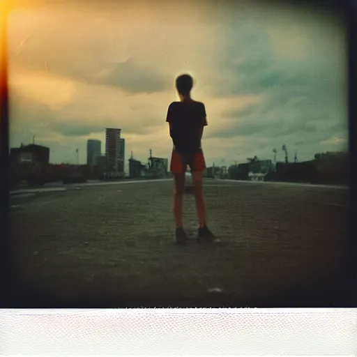 Prompt: instant photograph of a young person, polaroid, raw, beautiful, nostalgic, light leak, sunset, clouds, city