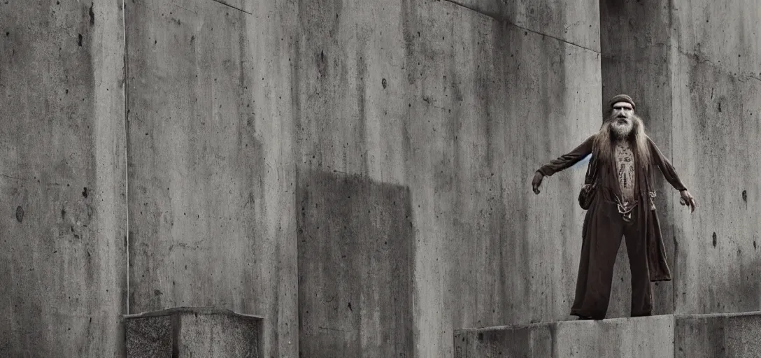 Prompt: the oldest hippy on earth, with a very long beard, standing atop a brutalist concrete building, cinematic shot, hyper realistic, hyper detailed