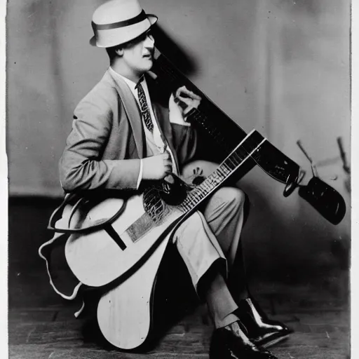 Image similar to octopus in a suit playing delta blues, 1 9 2 0 s, photograph