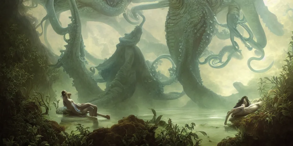 Prompt: Fantasy fairytale story, Great Leviathan Turtle, cephalopod, Cthulhu Squid Terrapin, Mysterious Island, center Universe, hybrid, Reptilian Cyborg, intense celestial fantasy atmospheric lighting, hyper realistic, William-Adolphe Bouguereau, François Boucher, Jessica Rossier, Michael Cheval, michael whelan, Cozy, hot springs hidden Cave, Forest, candlelight, natural light, lush plants and flowers, Spectacular Mountains, bright clouds, luminous stellar sky, outer worlds, Golden dapple lighting, Solar Flare Unreal Engine, HD,