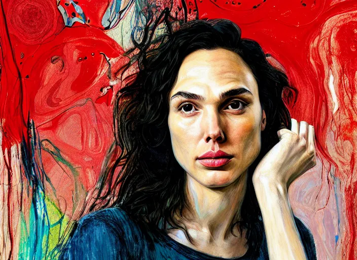 Image similar to portrait of gal gadot crying, by vincent lefevre and hernan bas and pat steir and hilma af klint, psychological, photorealistic, dripping paint, washy brush, rendered in octane, altermodern, masterpiece