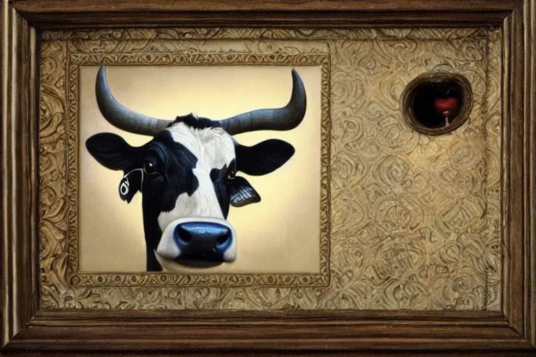 Prompt: 'Wherever you go, a cow is always watching you', by Mark Ryden