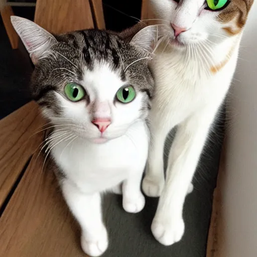 Image similar to [two cat] in the picture [white cat with green eyes] to the left, [black cat with yellow eyes], to the right