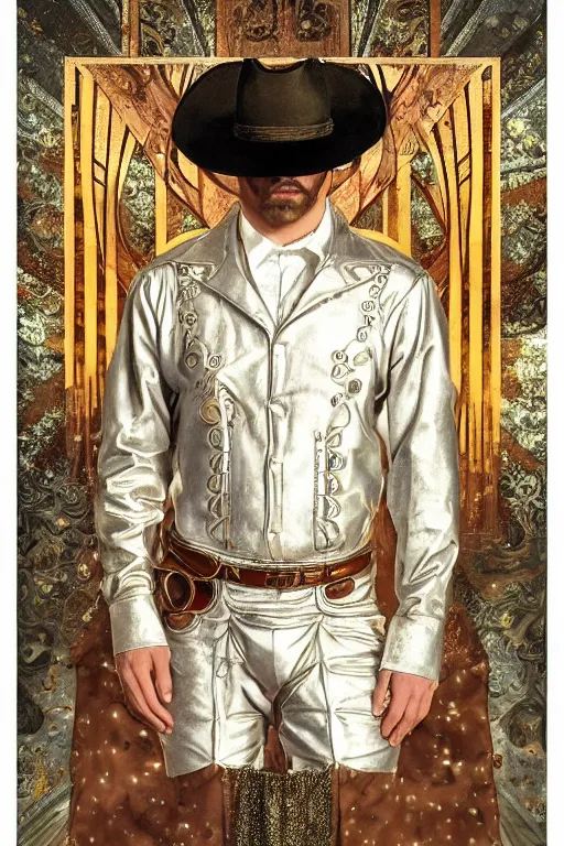 Prompt: a dramatic ethereal epic symmetrical painting of a handsome cowboy in a silvery!!!! ((((gold)))) outfit | tarot card, art deco, art nouveau, (steampunk), homoerotic, realistic | by Dresden Codak, by Mark Maggiori and ((((Alphonse Mucha))) | trending on artstation