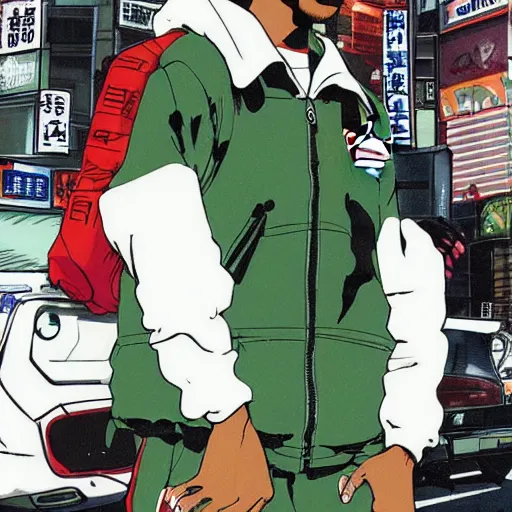 Image similar to black man with afro hair, stubble, wearing an adidas army green jacket, in the streets of tokyo, akira style, by katsuhiro otomo, anime