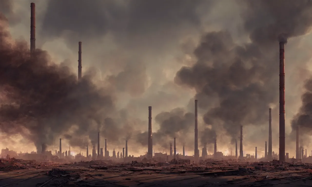 Prompt: ground level shot of dirty polluted derelict destroyed city with smoke stacks in the distance by Andrei Riabovitchev and Craig Mullins, 8k, hyperrealism, hyper realistic, highly detailed, octane render, award winning photography, artstation, cgsociety, concept art, conceptartworld, volumetric lighting, cinematic lighting, cinematic composition