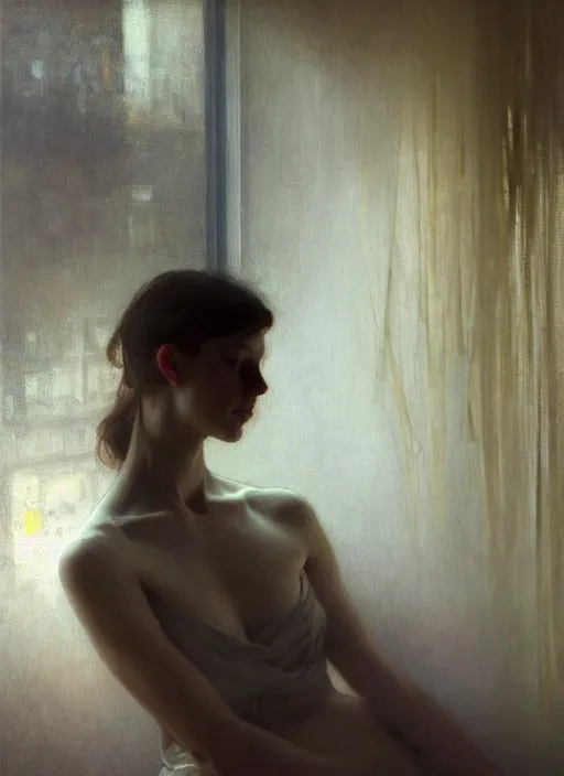 Image similar to a portrait of beautiful woman, inside a modern apartment, detailed oil painting, misty, ethereal, soft lighting, 8 k, by jeremy mann and ruan jia and alphonse mucha