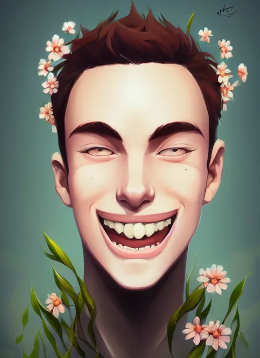 Prompt: a white young man with a big smile, prominent big eyes, wise forehead, big lips, round portruding chin, background full of brown flowers, standout colours, thin sharp lines, digital painting, artstation, matte, sharp focus, illustration, realistic anime moe artstyle