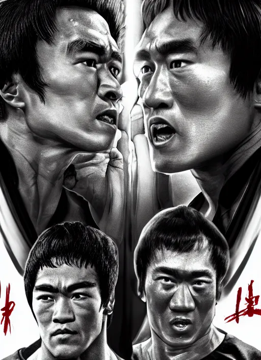 Prompt: Film poster, Arnold Schwarzenegger VS Bruce lee , faces look at each other, detailed and realistic, 4k, filmic render