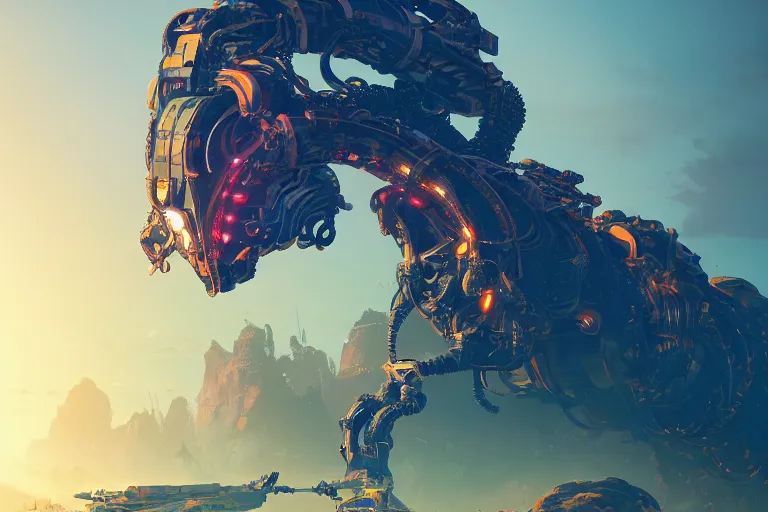 Image similar to slitherfang machine mecanical creature robot of horizon forbidden west horizon zero dawn radiating a glowing aura global illumination ray tracing hdr fanart arstation by ian pesty and alena aenami artworks in 4 k