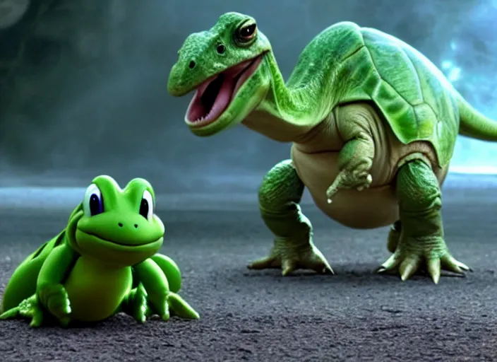 Image similar to film still of yoshi in the new sci - fi movie, cute upright standing upright upright dinosaur standing on its hind legs with a small turtle shell and long tongue, 8 k