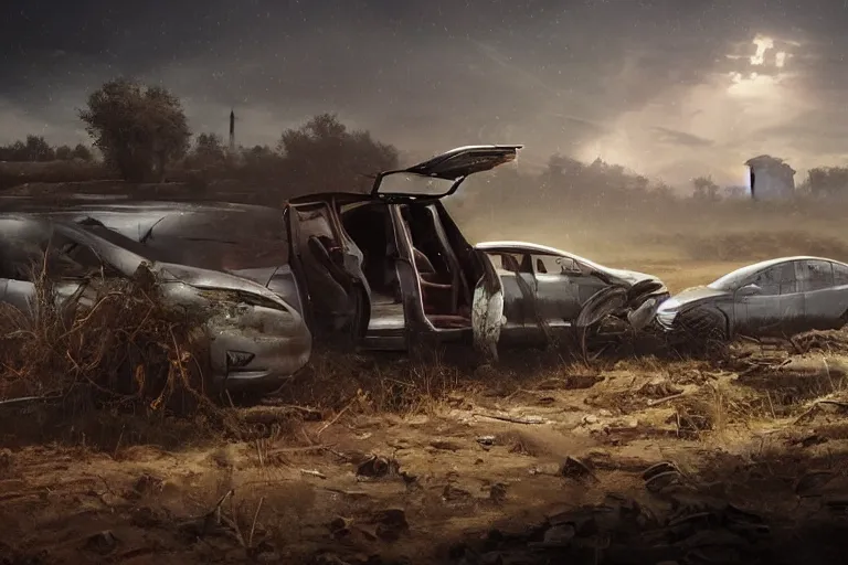 Prompt: Post-apocalyptic photo of a Tesla Model X on a rugged farm in futuristic Iowa, dramatic lighting, cinematic, establishing shot, extremely high detail, photorealistic, cinematic lighting, post-processed, concept art, artstation, matte painting, style by eddie mendoza, raphael lacoste, alex ross