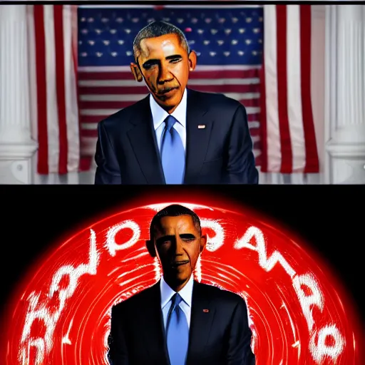 Prompt: Obama eyes are red flashlight glowing eyes, hype realistic flames are burning behind Obama, 40nm lens, 4k,