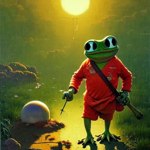 Prompt: pepe the frog walking in summer dawn, funny sunny atmosphere, positive vibe, norman rockwell, bao phan, bruce pennington, larry elmore, oil on canvas, deep depth field, masterpiece, cinematic composition, hyper - detailed, hd, hdr